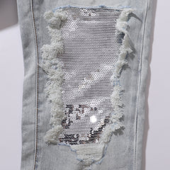 Purple Brand Skinny Fit Jeans - Light Blue Wash with Sequin Ripped Details