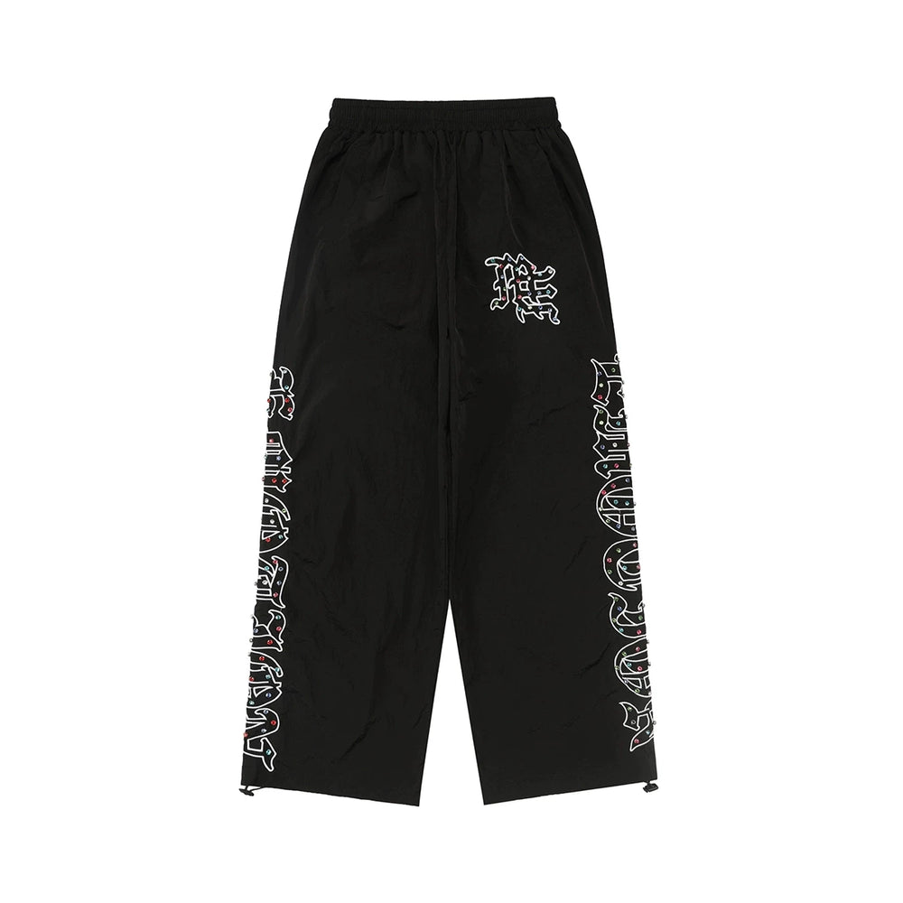 Mixed EMOTION Rhinestone Embroidered Wide Leg Pants