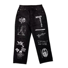 Mixed EMOTION Graffiti Print Baggy Jeans