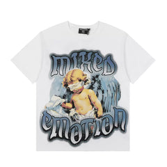 Mixed EMOTION Hot Diamond Letter Retro Angel Print Trendy Summer Men's and Women's Casual Loose Short sleeved T-shirt (17)