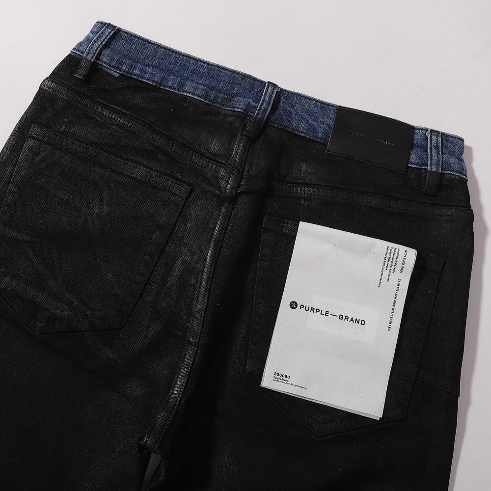 Purple Brand Flare Jeans - Black Waxed Coated Denim with Contrast Blue Waistband