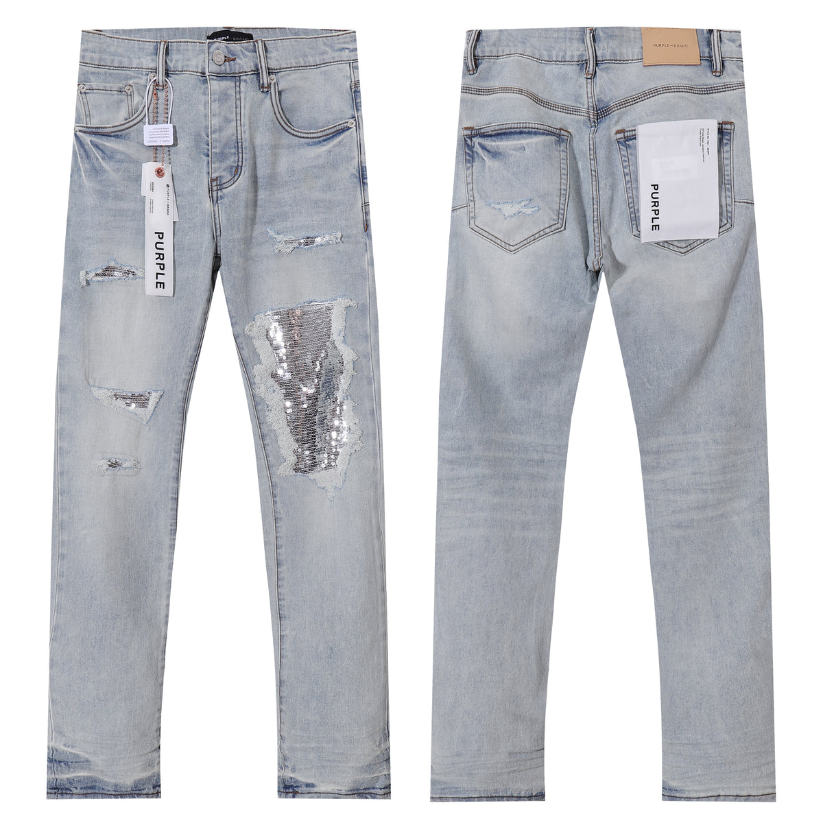 Purple Brand Skinny Fit Jeans - Light Blue Wash with Sequin Ripped Details