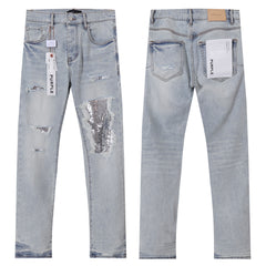 Purple Brand Skinny Fit Jeans - Light Blue Wash with Sequin Ripped Details