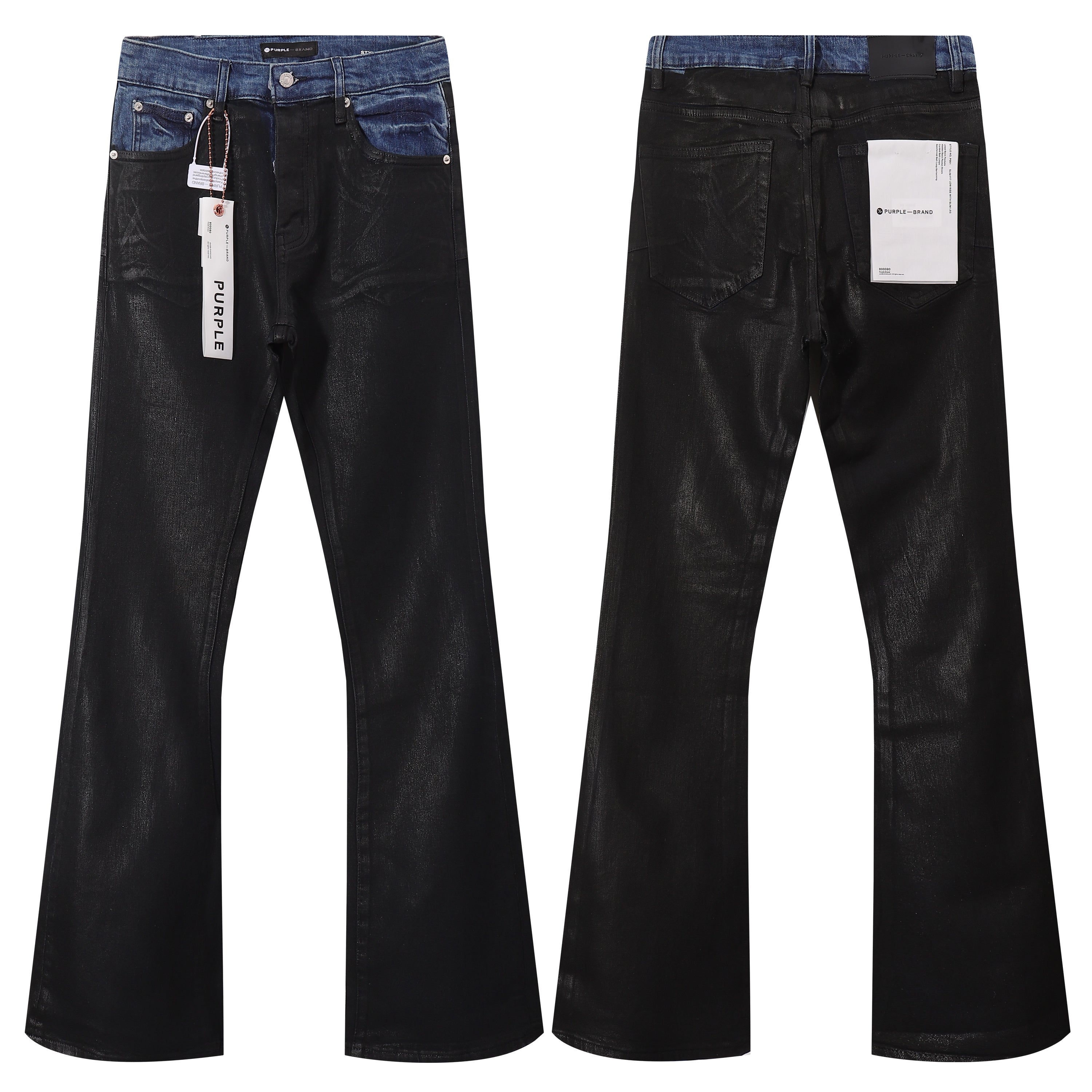 Purple Brand Flare Jeans - Black Waxed Coated Denim with Contrast Blue Waistband