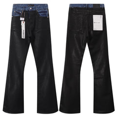 Purple Brand Flare Jeans - Black Waxed Coated Denim with Contrast Blue Waistband