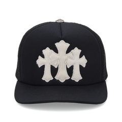 Chrome Hearts Calf Hair Triple Cemetery Cross Trucker Hat Black