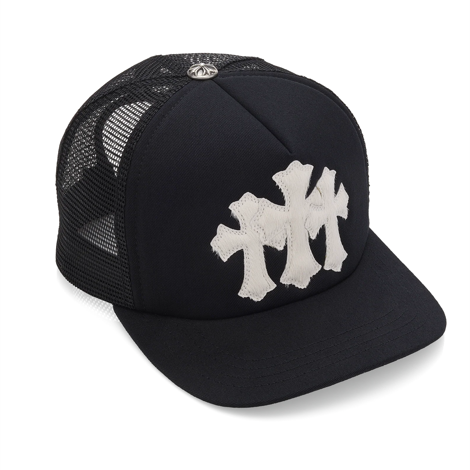 Chrome Hearts Calf Hair Triple Cemetery Cross Trucker Hat Black