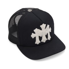 Chrome Hearts Calf Hair Triple Cemetery Cross Trucker Hat Black