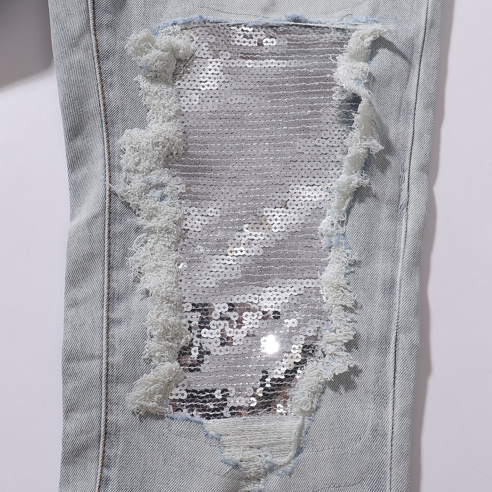 Purple Brand Skinny Fit Jeans - Light Blue Wash with Sequin Ripped Details