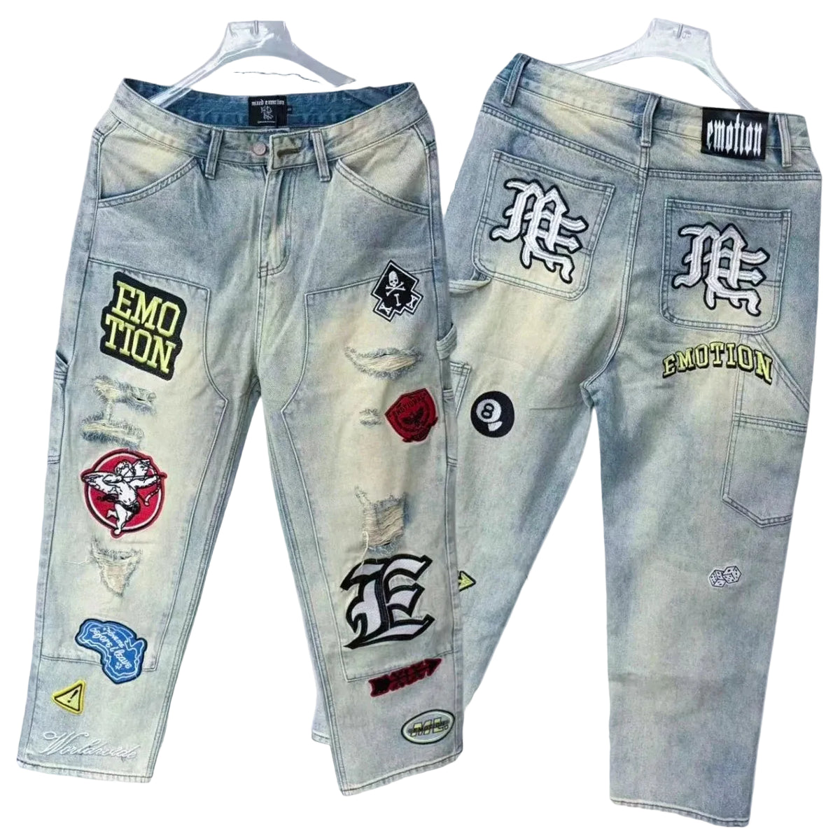 Mixed EMOTION Patchwork Graphic Ripped Jeans