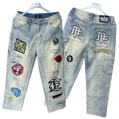 Mixed EMOTION Patchwork Graphic Ripped Jeans