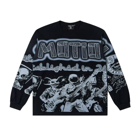Meichao Mixed EMOTION Skull Rock Full Print Long Sleeve Black