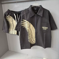 Mixed EMOTION Black Gold Wing Zip‑Up Shirt & Shorts Set