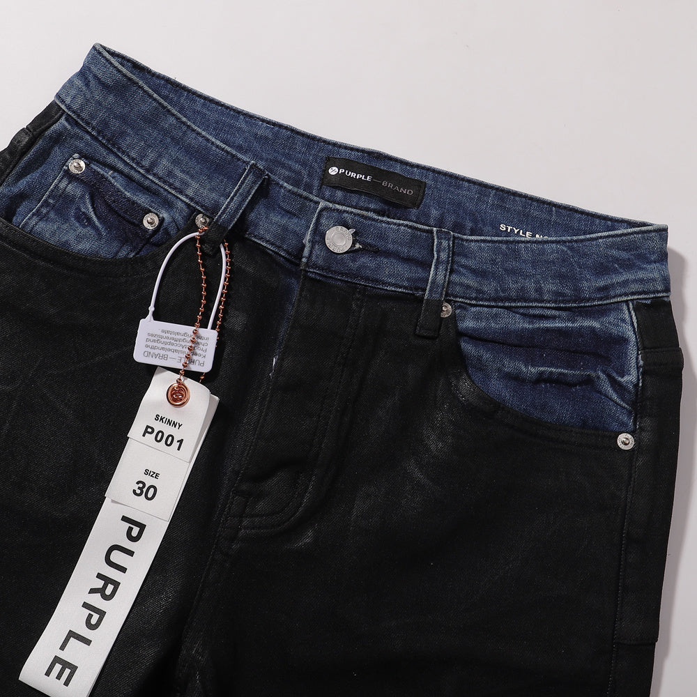 Purple Brand Flare Jeans - Black Waxed Coated Denim with Contrast Blue Waistband