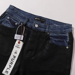 Purple Brand Flare Jeans - Black Waxed Coated Denim with Contrast Blue Waistband