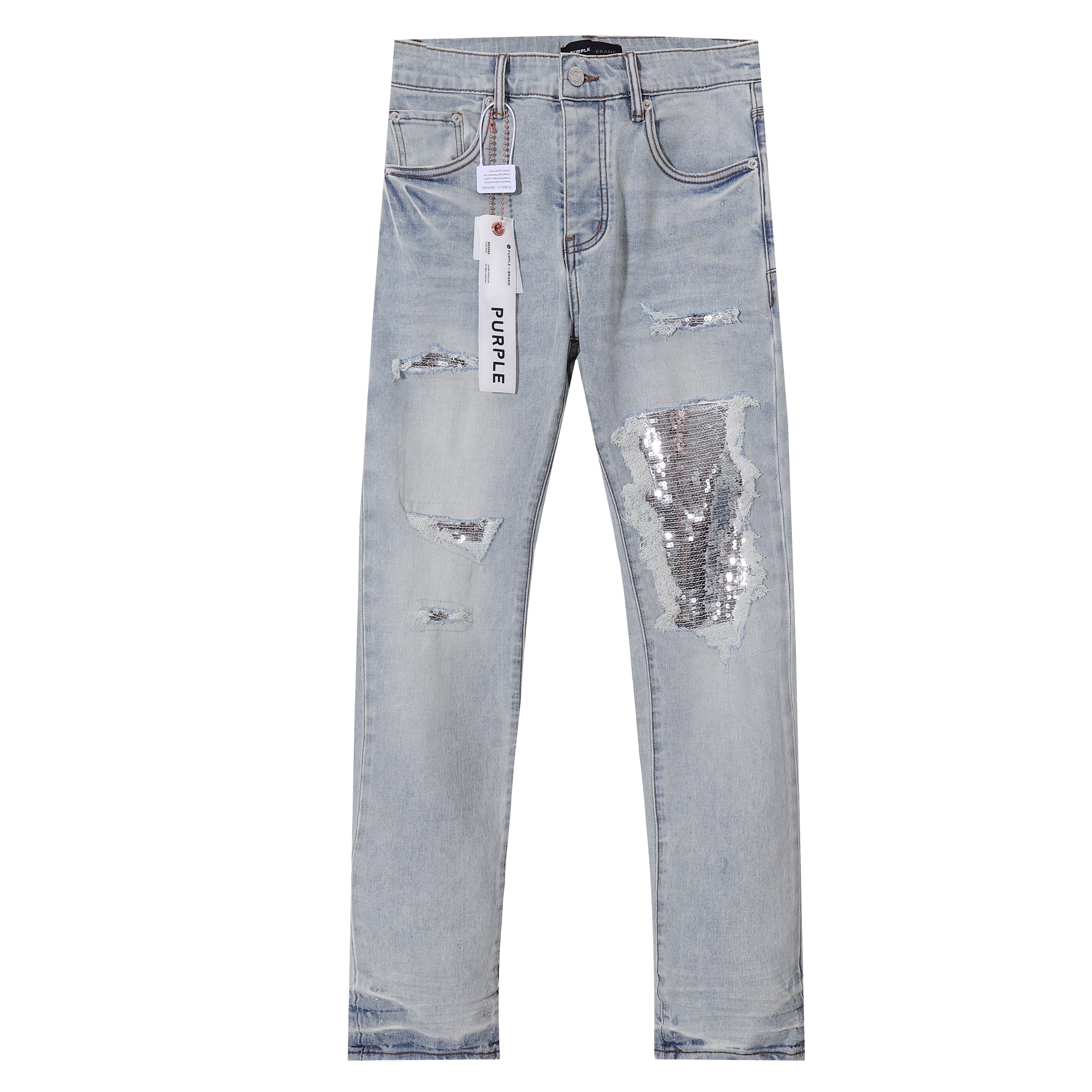 Purple Brand Skinny Fit Jeans - Light Blue Wash with Sequin Ripped Details